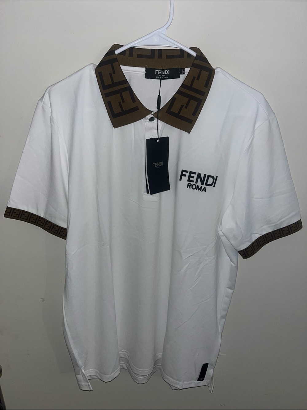 Fendi White Polo with Brown FF Logo Collar